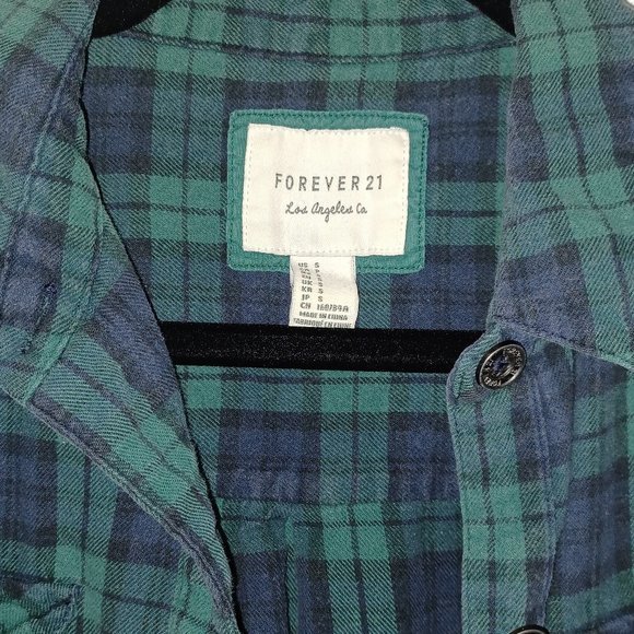 Forever 21 plaid button down shirt green & navy blue cotton women’s small - Picture 4 of 4